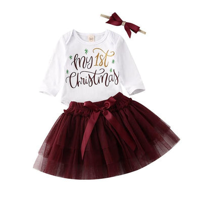 Luxury Newborn Toddler Baby Girl Clothes Set Long Sleeve Romper Christmas Princess Dress Mesh Skirt with Headband Set With Skirt Romper and Ribbon Bow