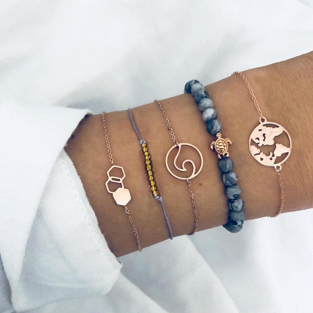 Fashion Bohemia Leaf Round Knot Cuff Bangle Gold Chain Charm Bracelet for Women Simple Geometric Bracelets Luxury Jewelry