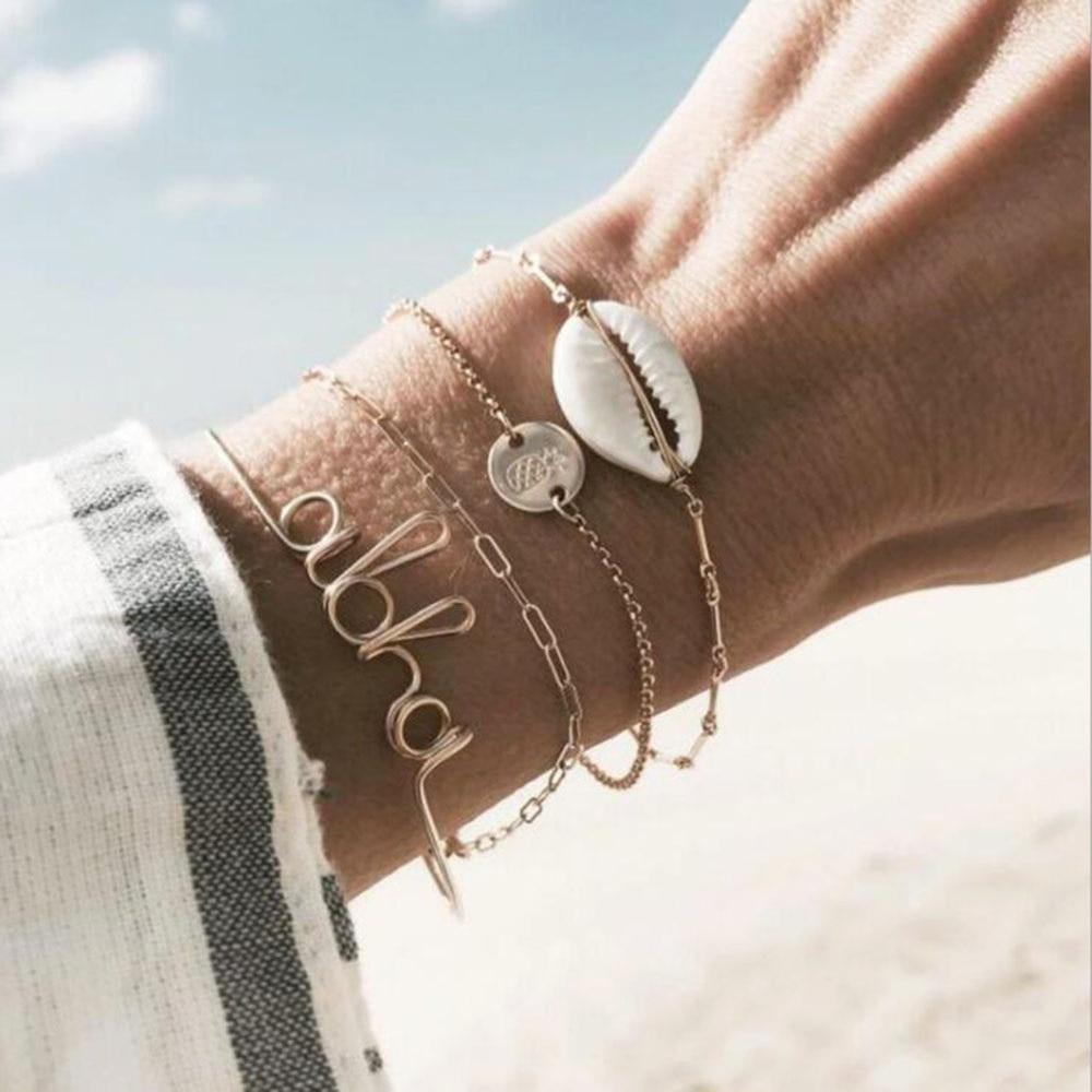 Fashion Bohemia Leaf Round Knot Cuff Bangle Gold Chain Charm Bracelet for Women Simple Geometric Bracelets Luxury Jewelry