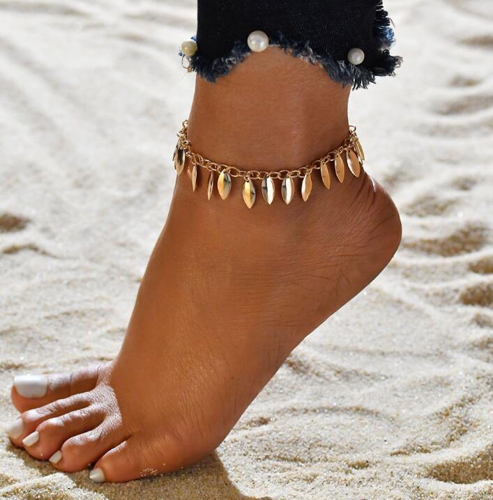 Gold Metal Shell Coconut Tree Female Anklets Barefoot Sandals Foot Summer Double Layers Foot Bracelets Leg Jewelry