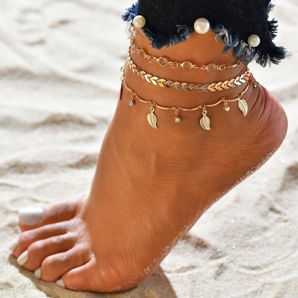 Gold Metal Shell Coconut Tree Female Anklets Barefoot Sandals Foot Summer Double Layers Foot Bracelets Leg Jewelry