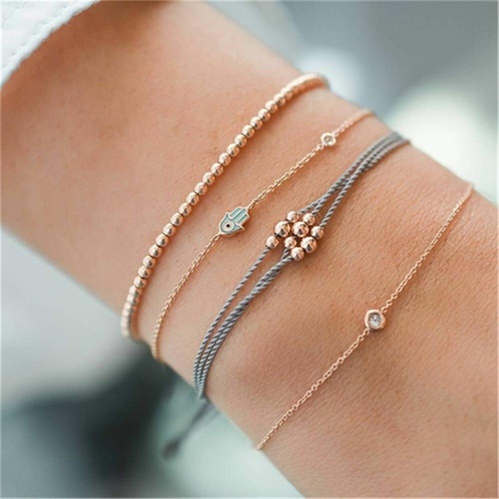 Fashion Bohemia Leaf Round Knot Cuff Bangle Gold Chain Charm Bracelet for Women Simple Geometric Bracelets Luxury Jewelry