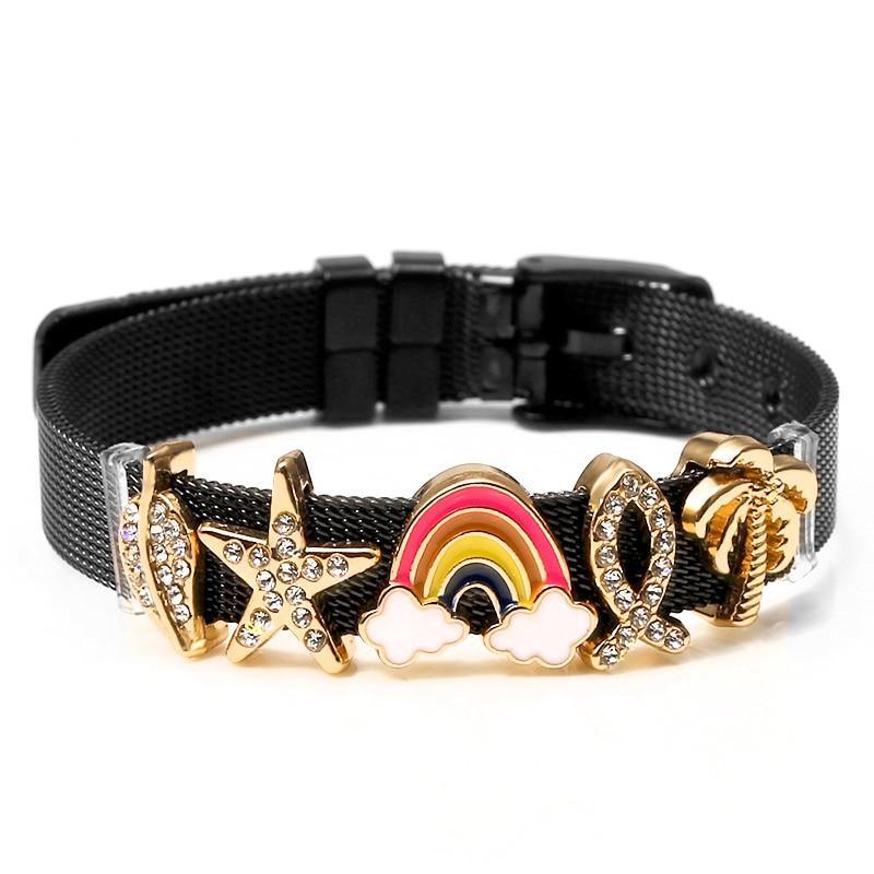 Two-tone Stainless Steel Bracelets For Women Men Golden Love Heart Beaded Ribbon Bracelet & Bangle Gifts