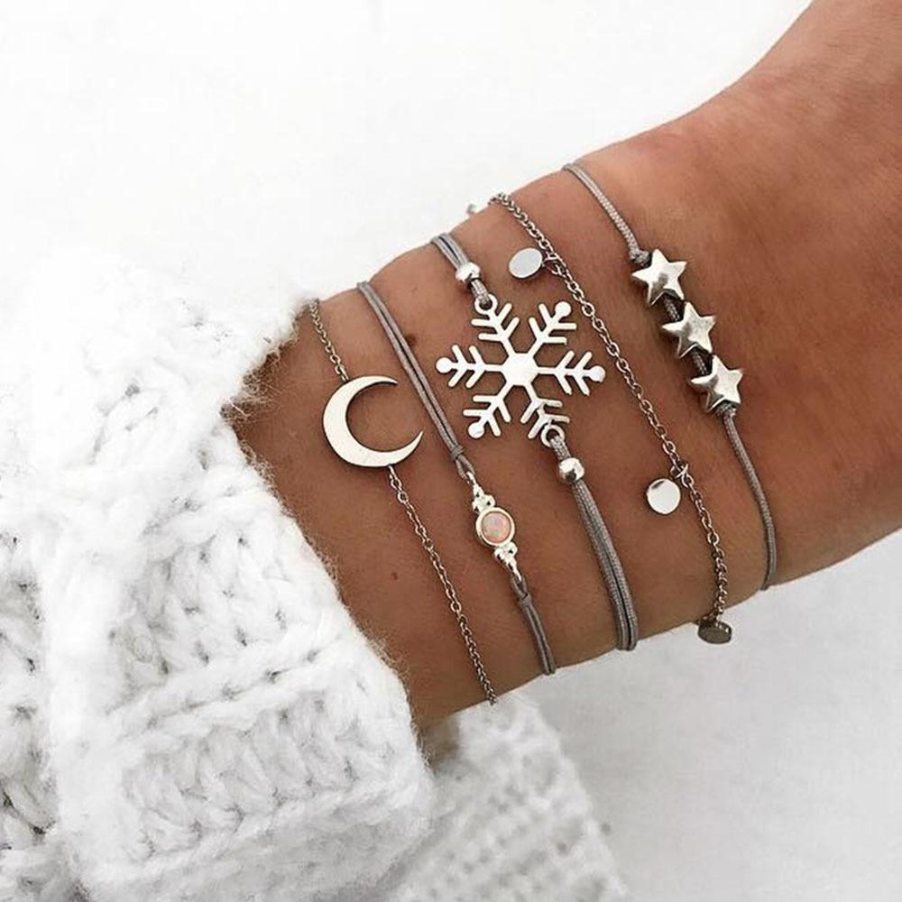 Fashion Bohemia Leaf Round Knot Cuff Bangle Gold Chain Charm Bracelet for Women Simple Geometric Bracelets Luxury Jewelry