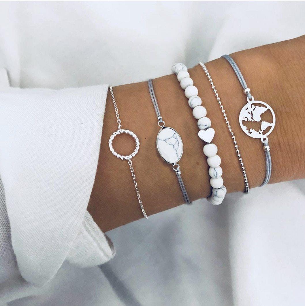 Boho Rose Map Bracelets & Bangles for Women Bohemian Round Charm Bracelet Set Fashion Multilayer Accessories Luxury Jewelry