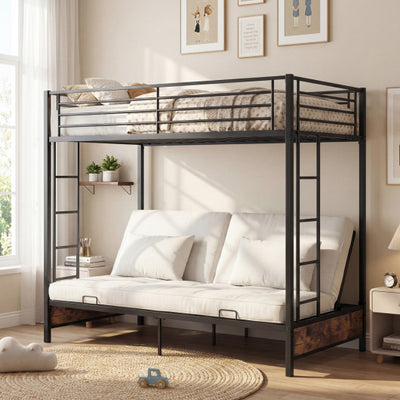 Heavy Duty Metal Bunk Bed Frame with Headboard and Footboard-Rustic Brown