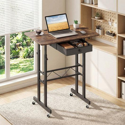 Height Adjustable Laptop Desk with Fabric Drawer Tablet Holder and Lockable Wheels-Rustic Brown