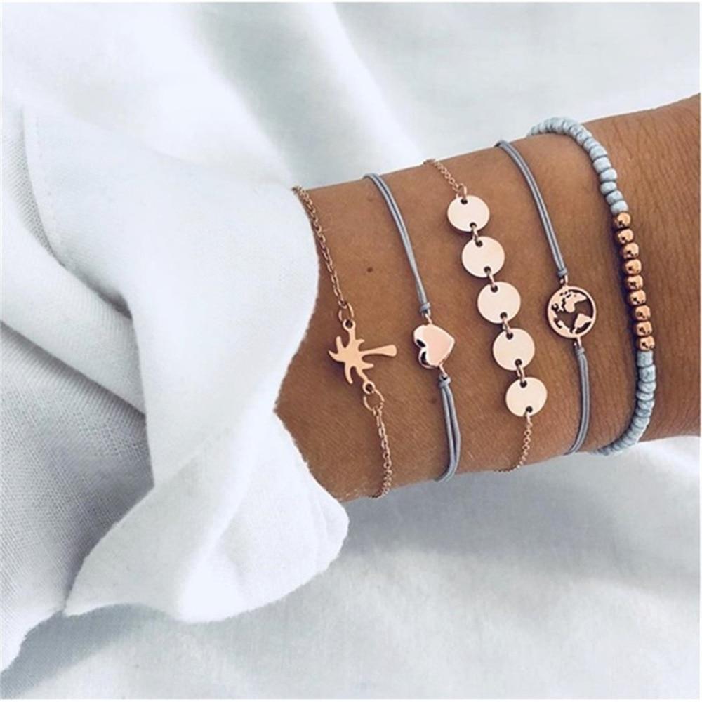 Fashion Bohemia Leaf Round Knot Cuff Bangle Gold Chain Charm Bracelet for Women Simple Geometric Bracelets Luxury Jewelry