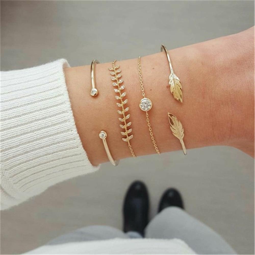 Fashion Bohemia Leaf Round Knot Cuff Bangle Gold Chain Charm Bracelet for Women Simple Geometric Bracelets Luxury Jewelry