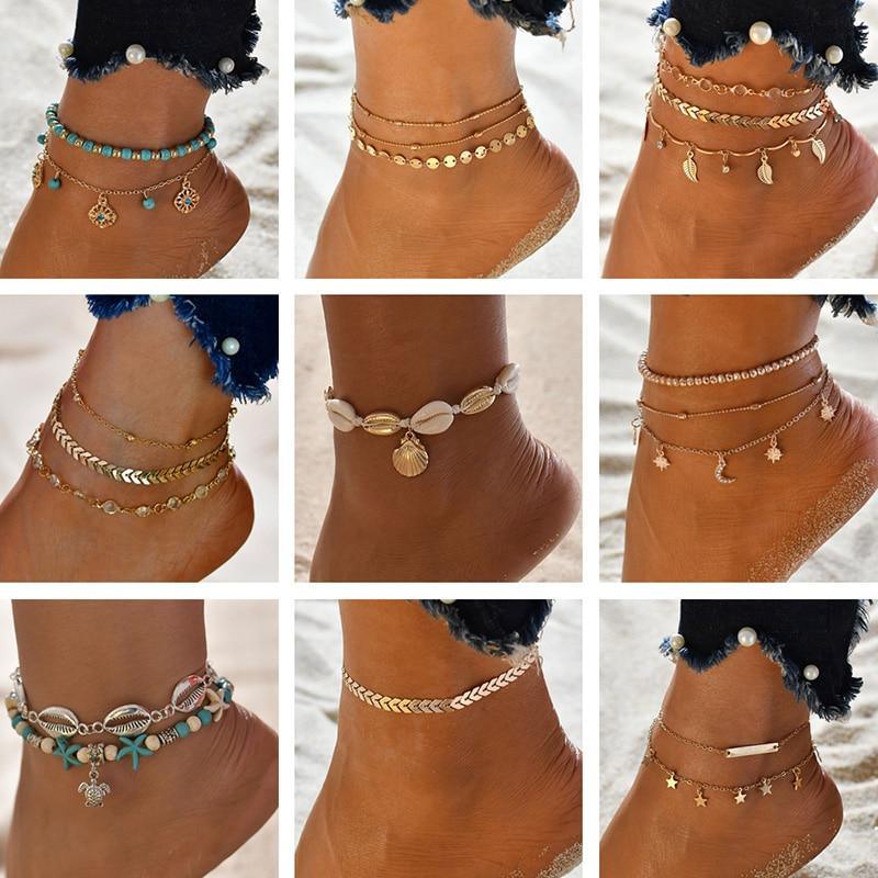 Gold Metal Shell Coconut Tree Female Anklets Barefoot Sandals Foot Summer Double Layers Foot Bracelets Leg Jewelry
