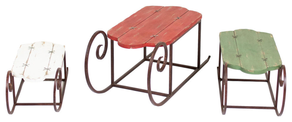 Set of 3 Painted Wood and Metal Sleighs