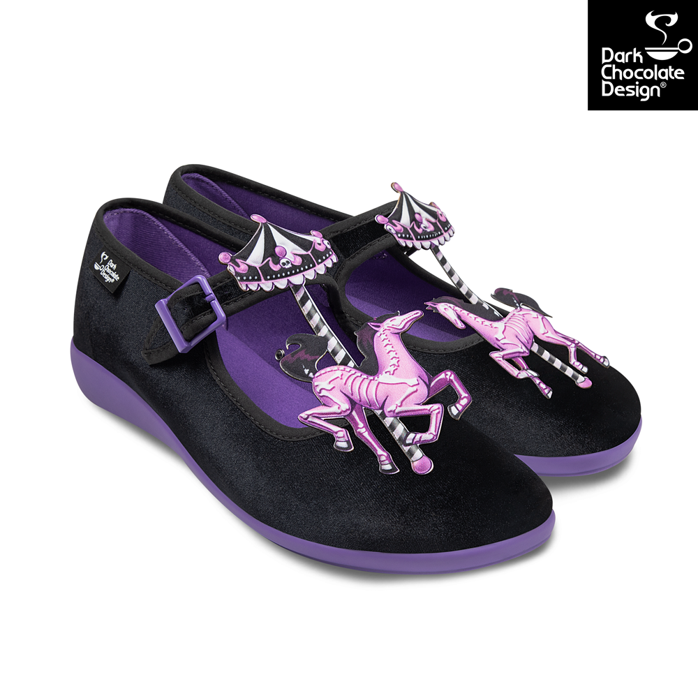 Black and purple shoes with carousel horse design on a white background