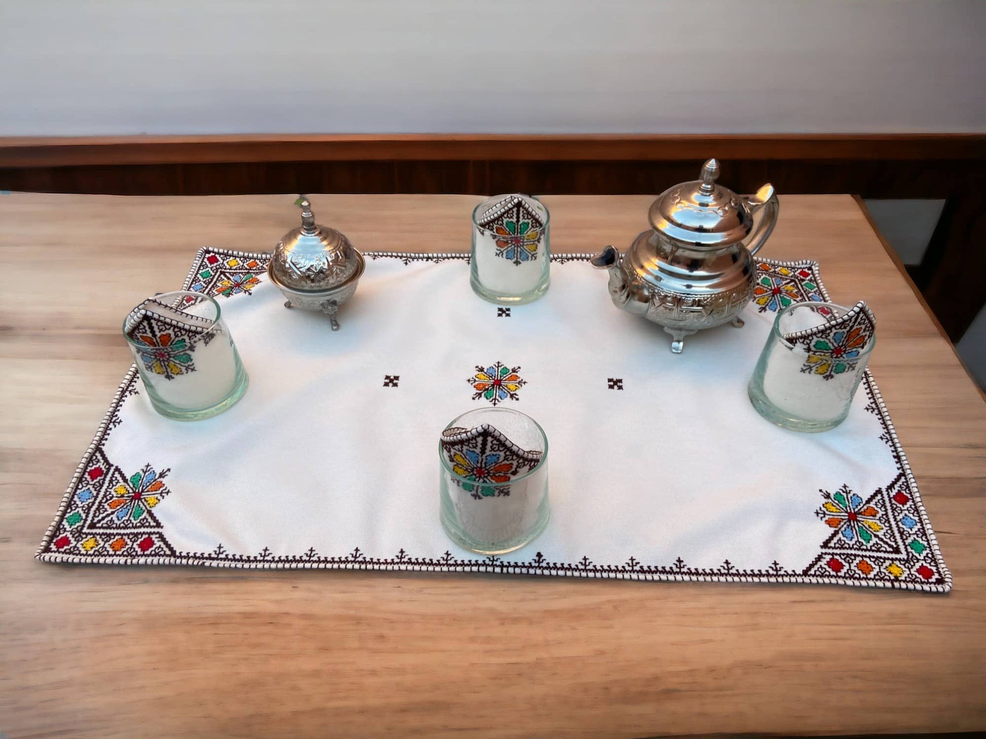 Embroidered Tray Cover & Napkins, Authentic Moroccan Hand embroidered linen Tray cloth + 6 napkins, Colorful Tray Cover, heartwarming gift.