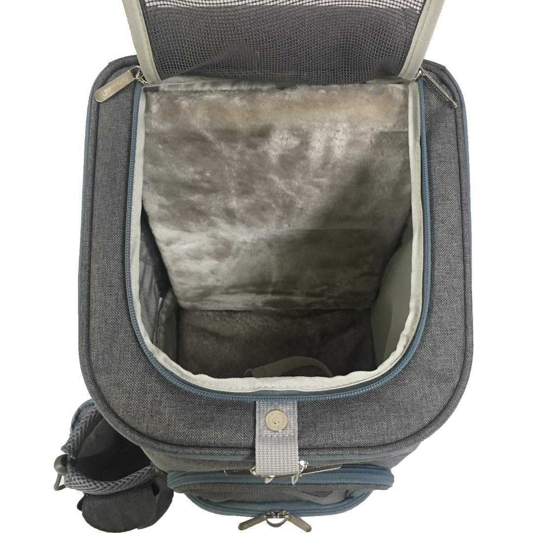 Gray pet carrier with open lid showing interior padding on a white background
