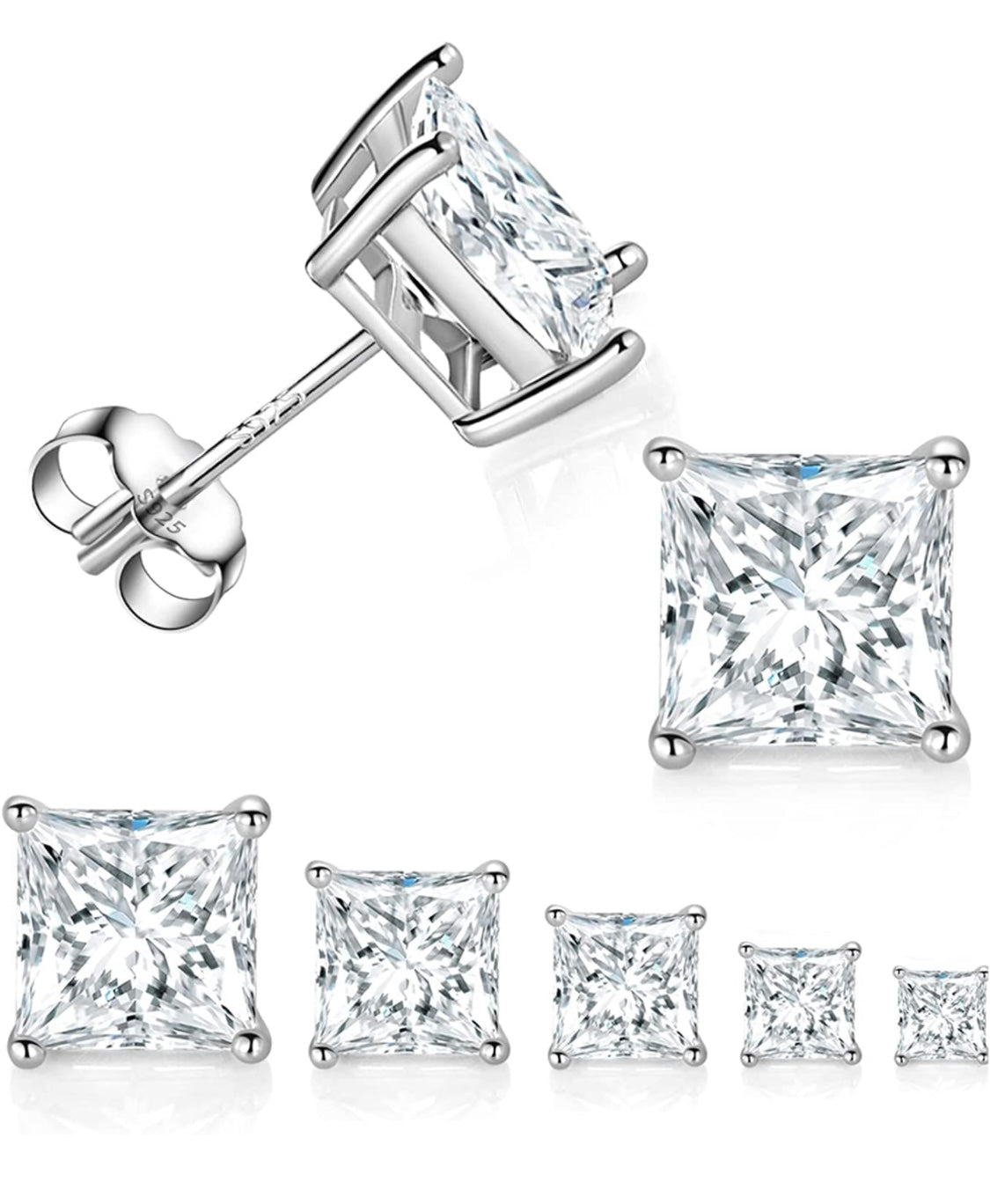 925 Sterling Silver Square Princess Cut Cubic Zirconia Stud Earrings, Multiple Sizes 3mm-9mm, Sparkling CZ Stone, Hypoallergenic, Perfect for Women and Girls