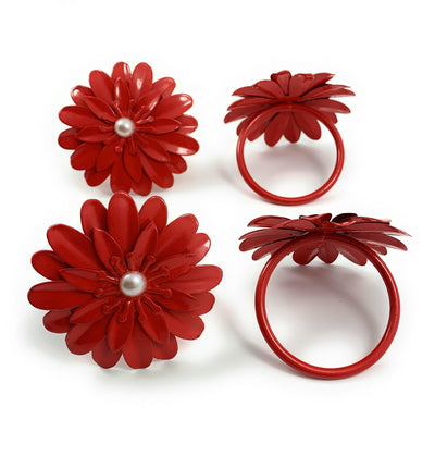 Vibhsa Red Floral Napkin Rings | Set of 4, Pearl Accents, Handcrafted