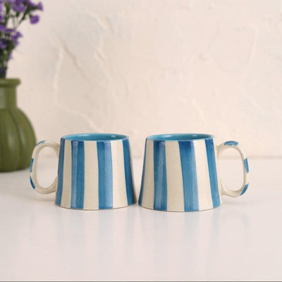 Ceramic Blue Stripe Coffee Cup, 220ml – Handmade, Set of 4