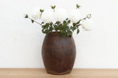 Antique Patinated Espresso Brown Barrel Pot