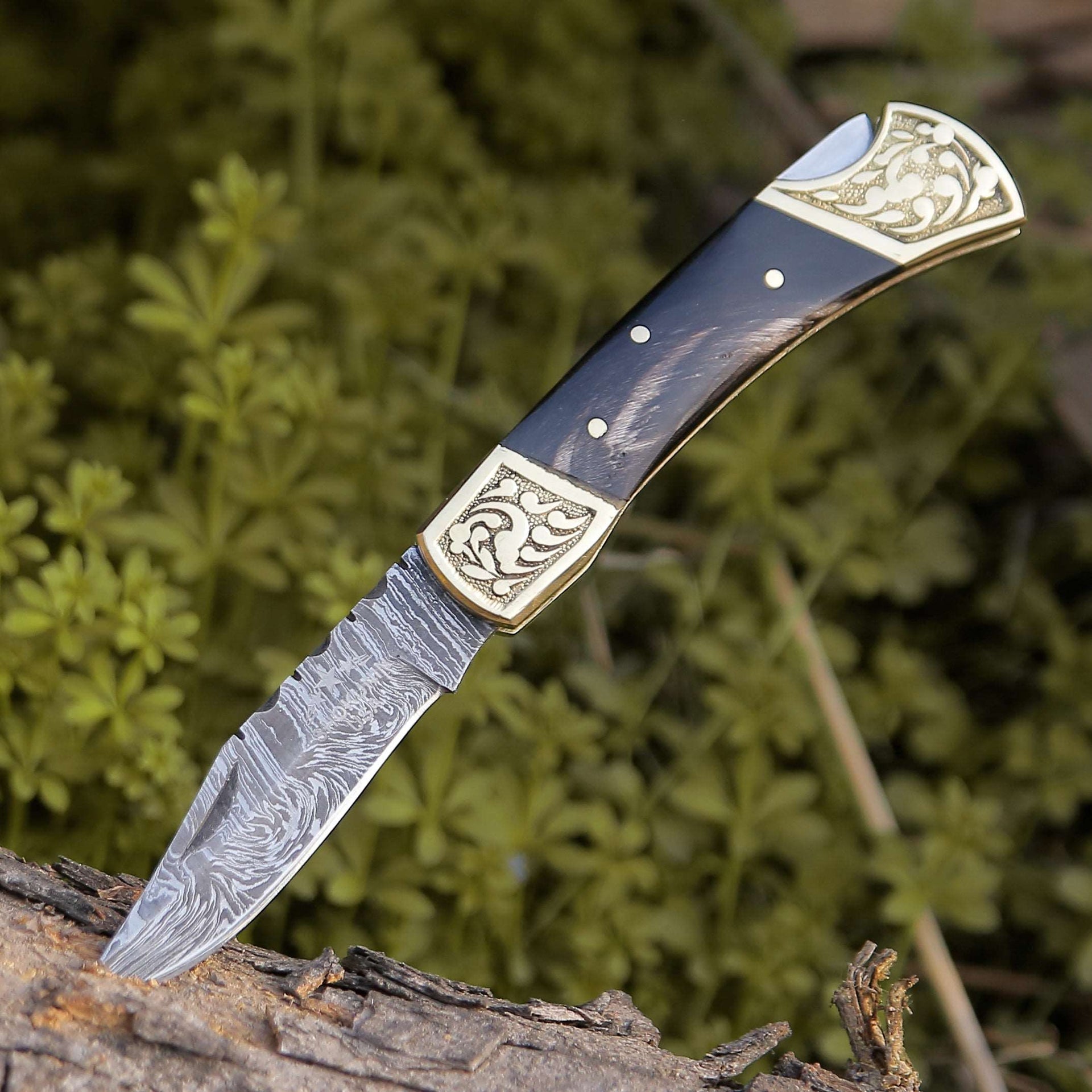 Expedition Damascus Pocket Knife with Brass & Horn Handle