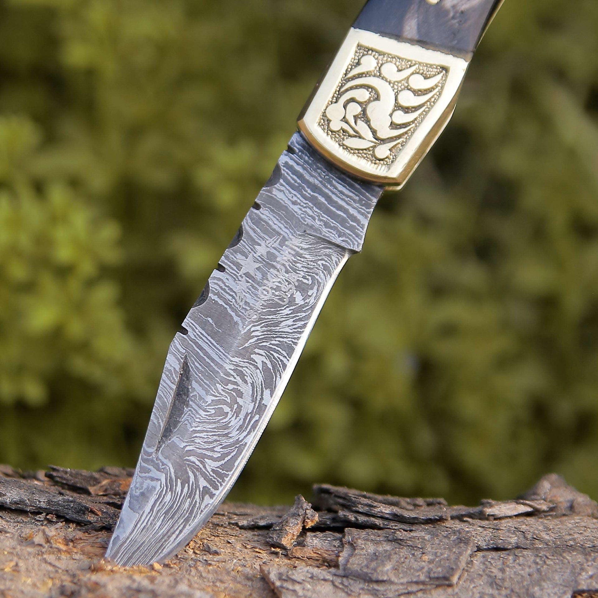 Expedition Damascus Pocket Knife with Brass & Horn Handle