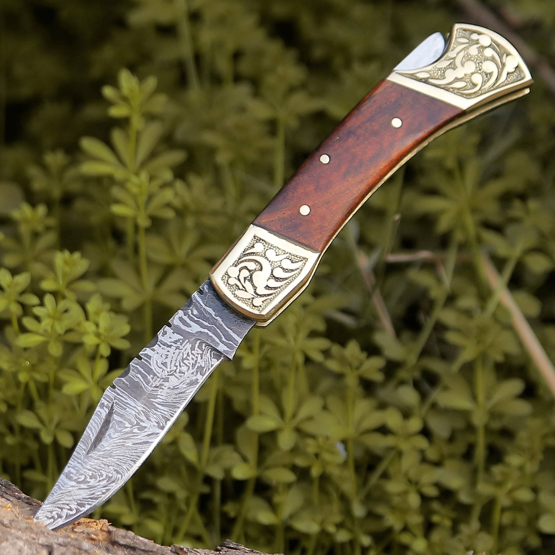 Expedition Damascus Folding Hunting Knife with Exotic Rose Wood & Brass Handle