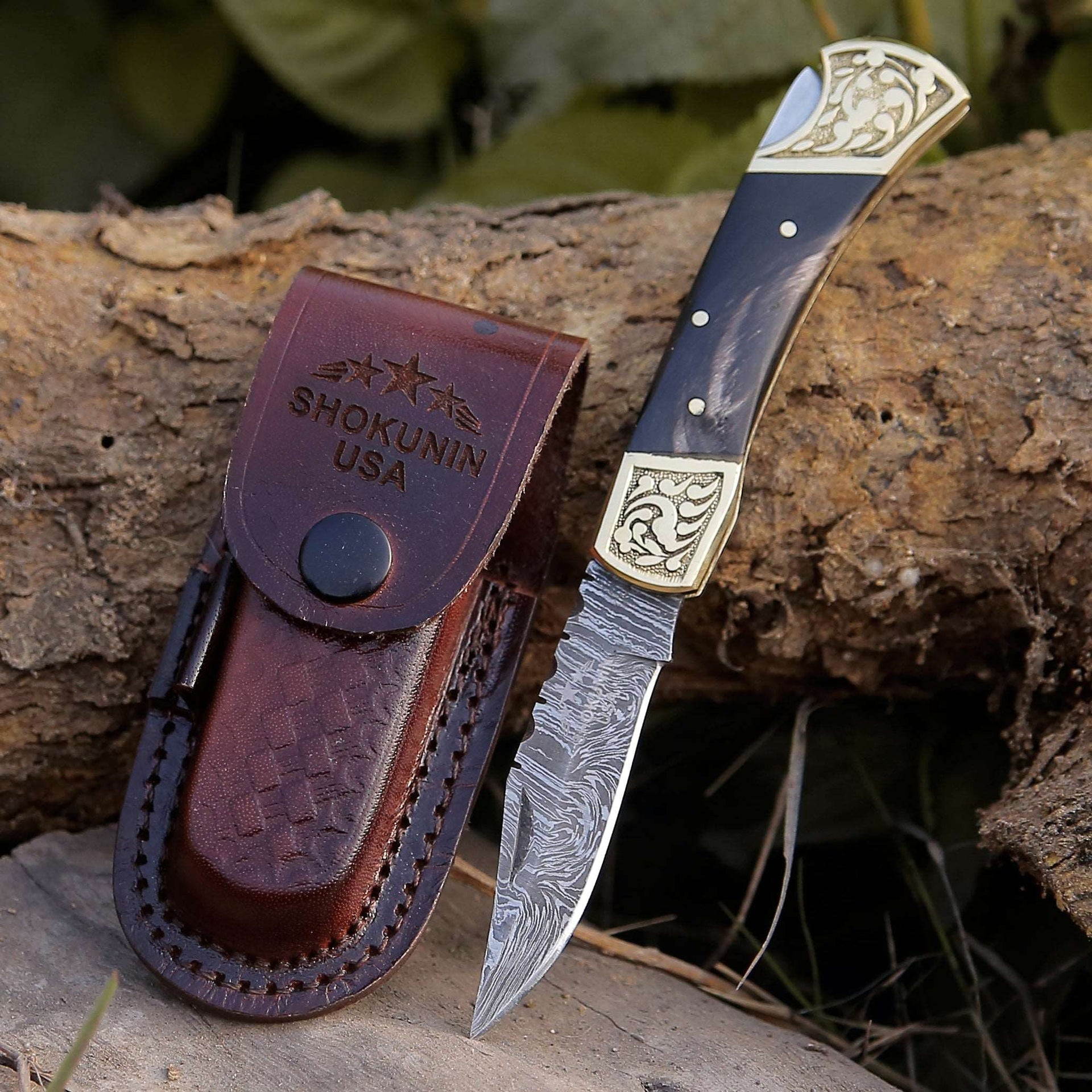 Expedition Damascus Pocket Knife with Brass & Horn Handle