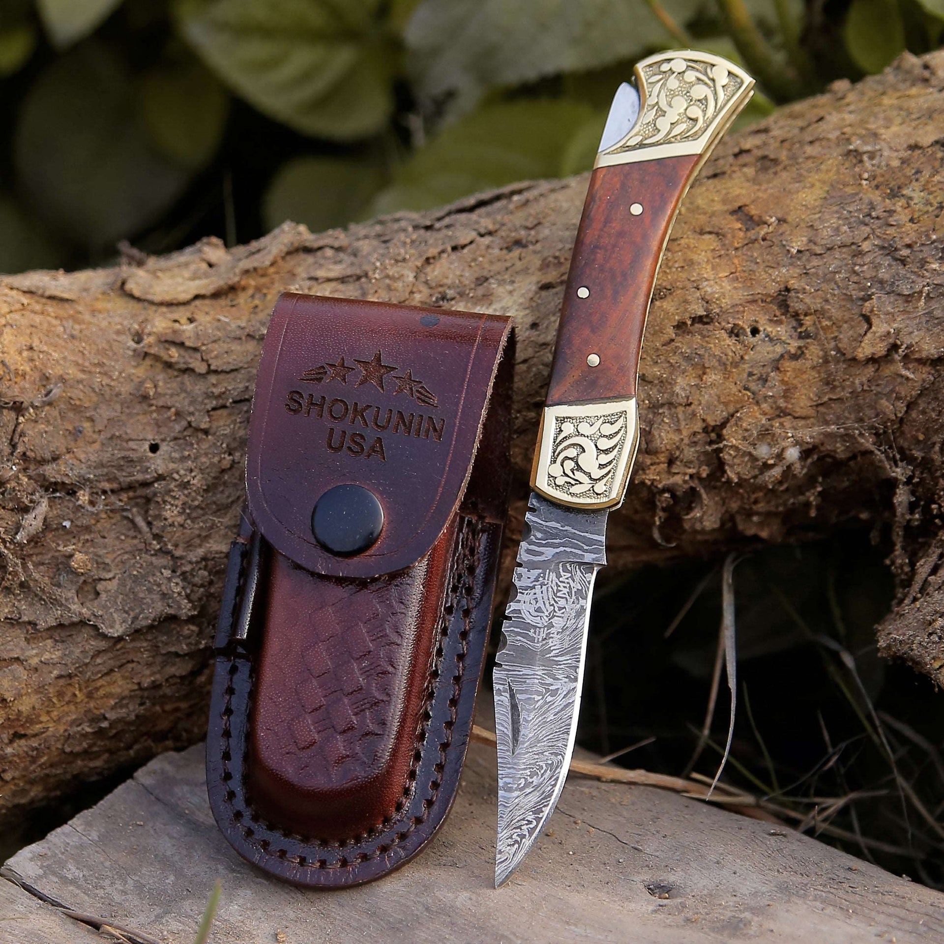 Expedition Damascus Folding Hunting Knife with Exotic Rose Wood & Brass Handle