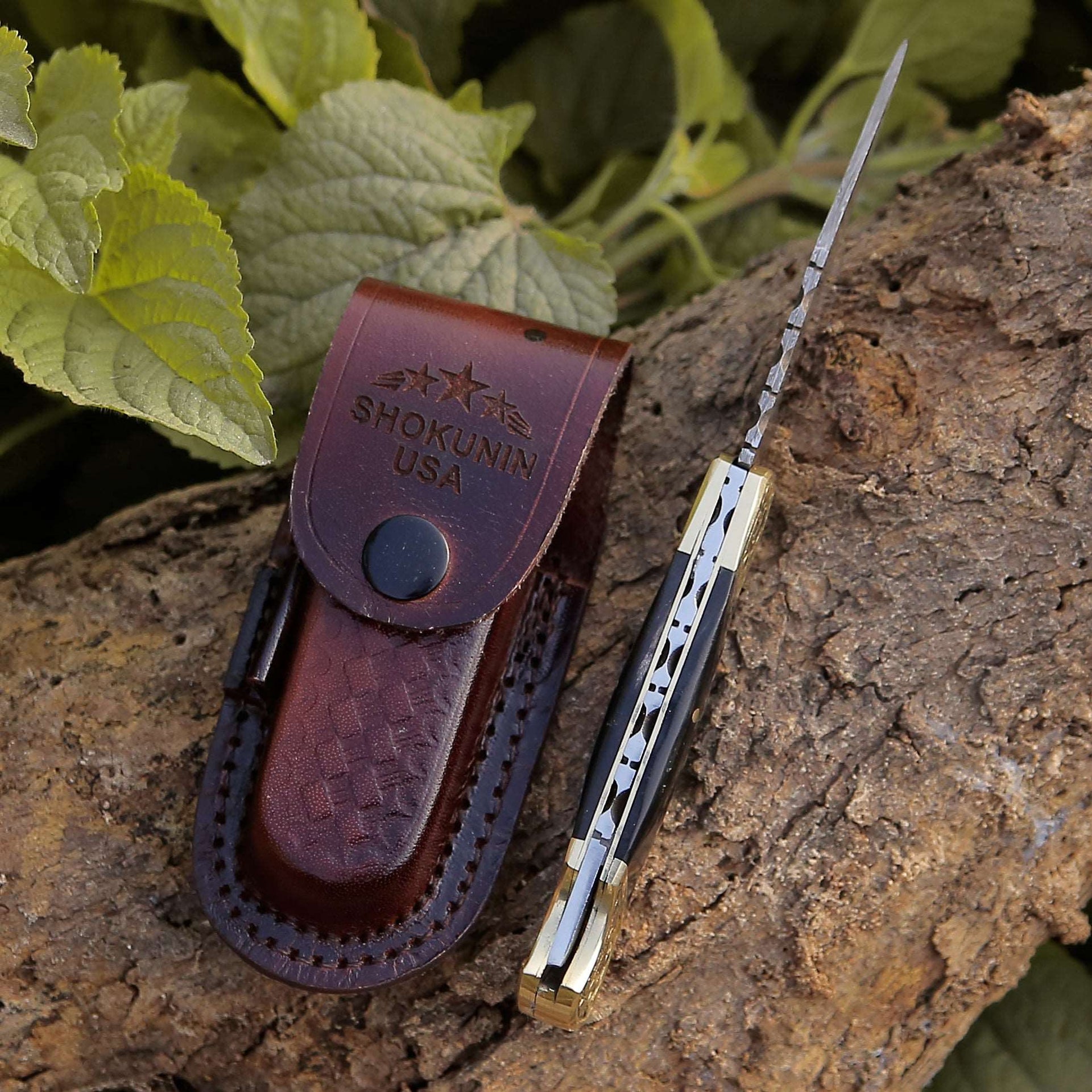 Expedition Damascus Pocket Knife with Brass & Horn Handle