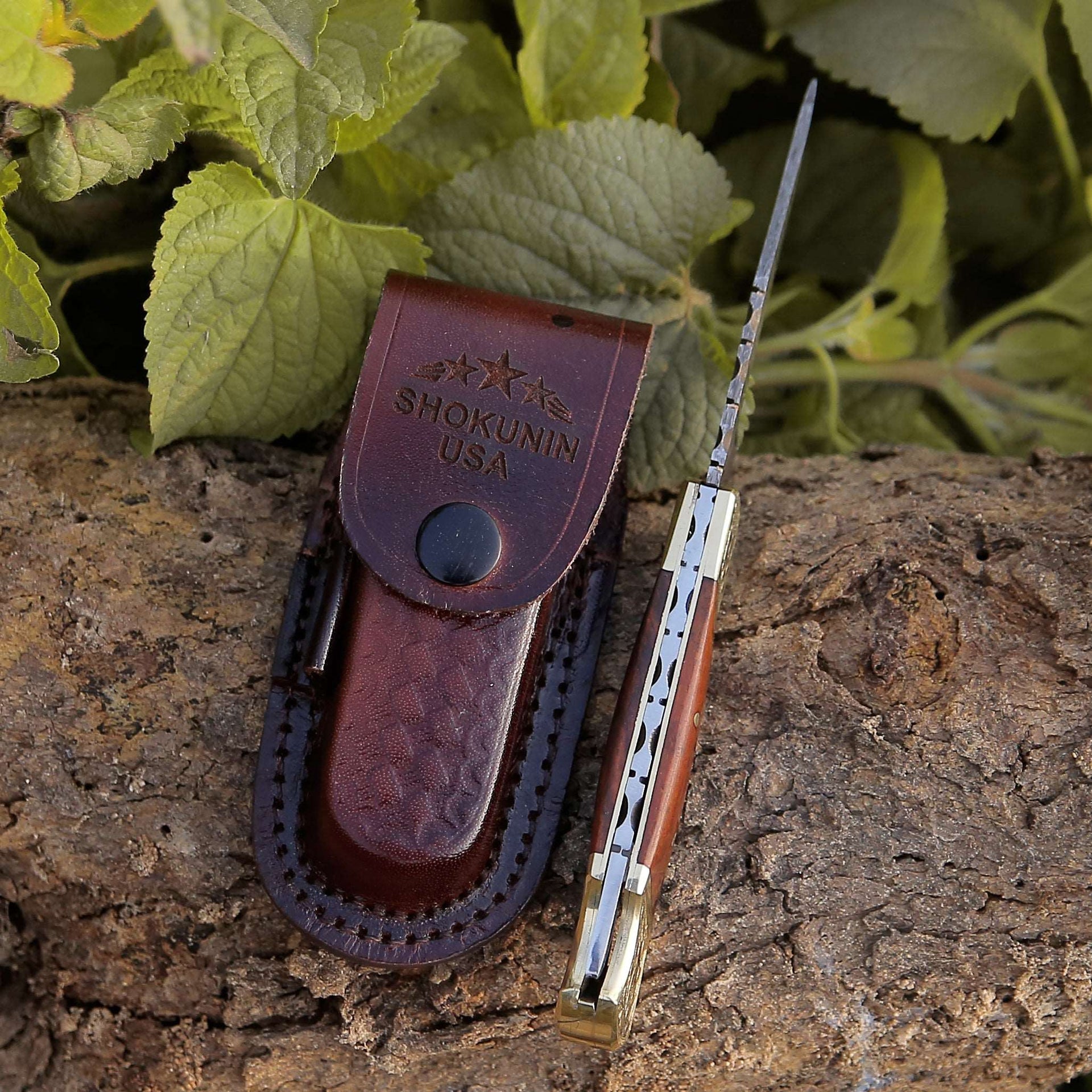 Expedition Damascus Folding Hunting Knife with Exotic Rose Wood & Brass Handle