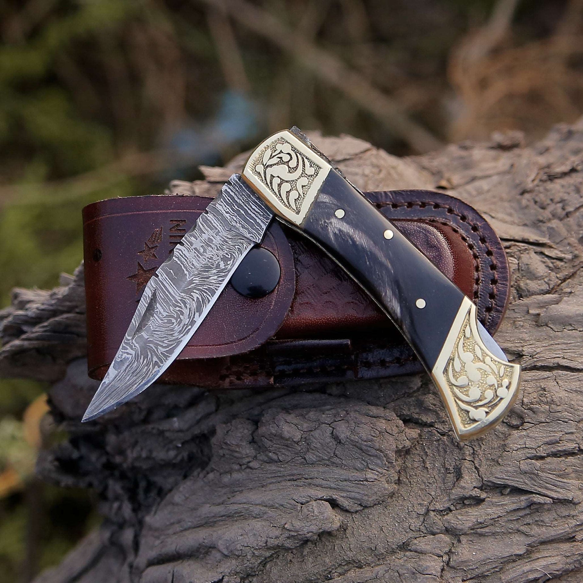 Expedition Damascus Pocket Knife with Brass & Horn Handle