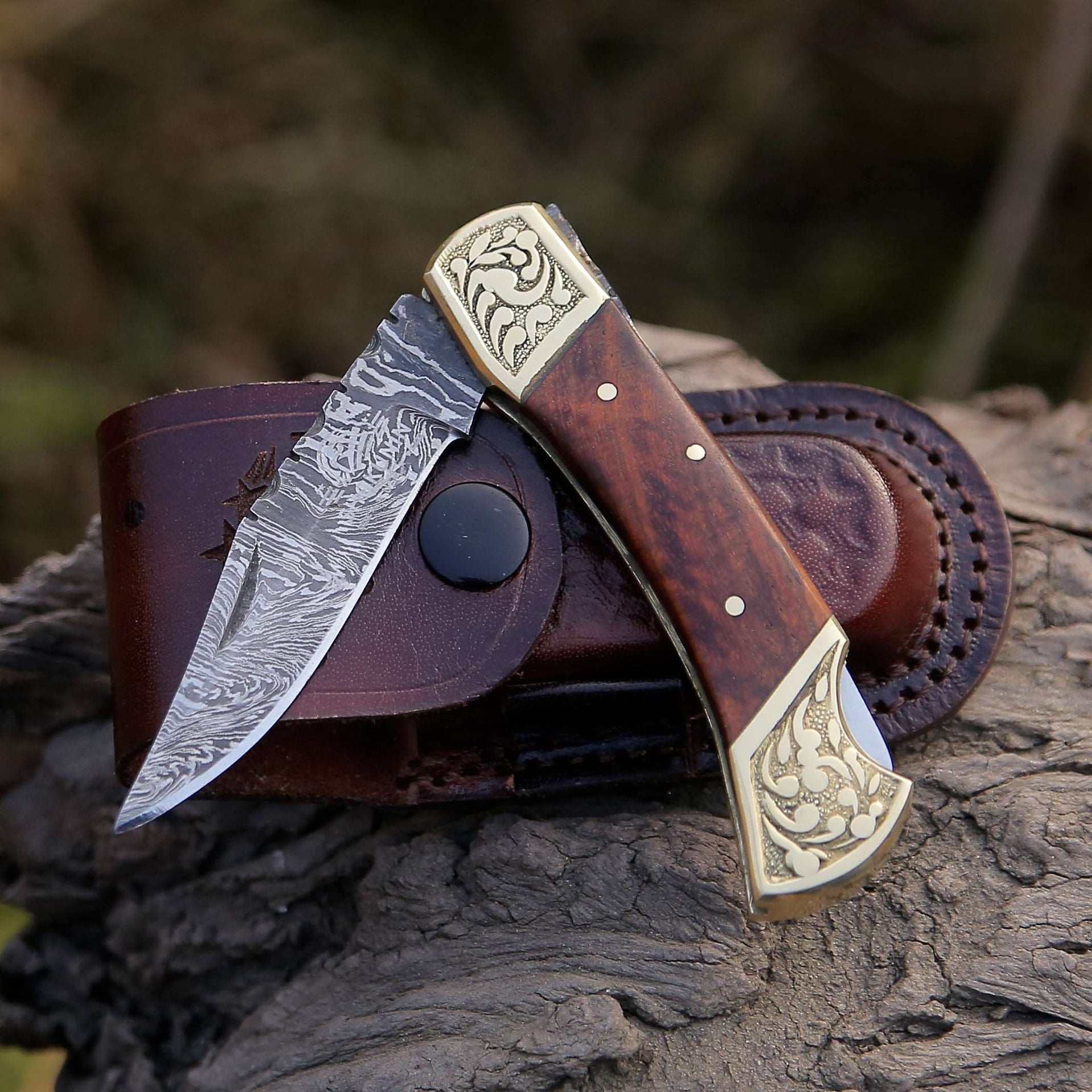 Expedition Damascus Folding Hunting Knife with Exotic Rose Wood & Brass Handle