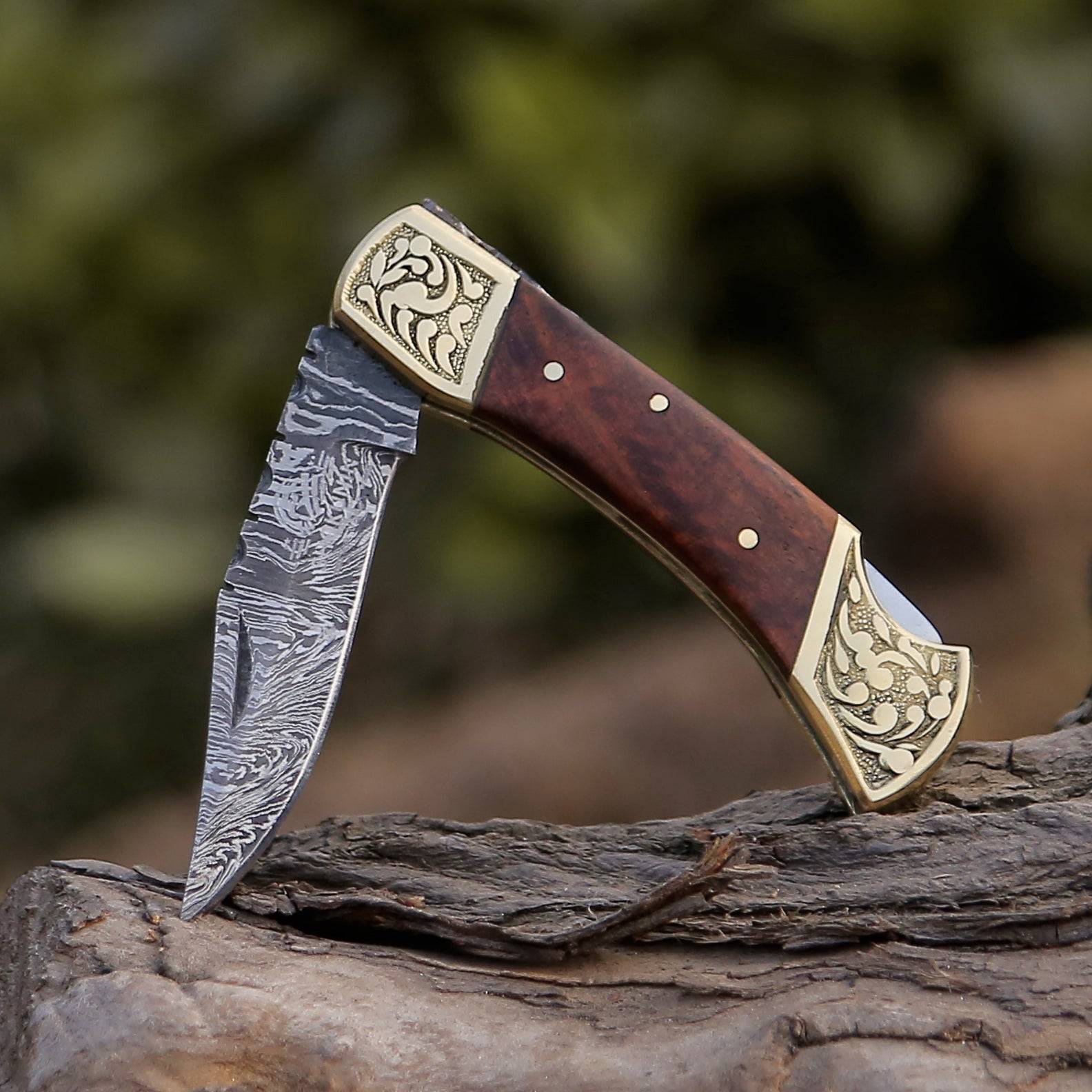 Expedition Damascus Folding Hunting Knife with Exotic Rose Wood & Brass Handle