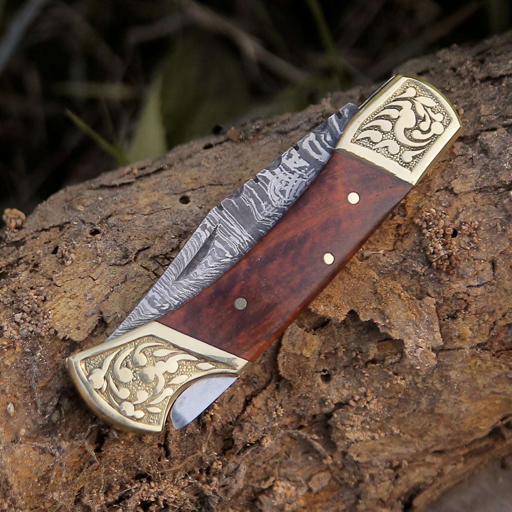 Expedition Damascus Folding Hunting Knife with Exotic Rose Wood & Brass Handle