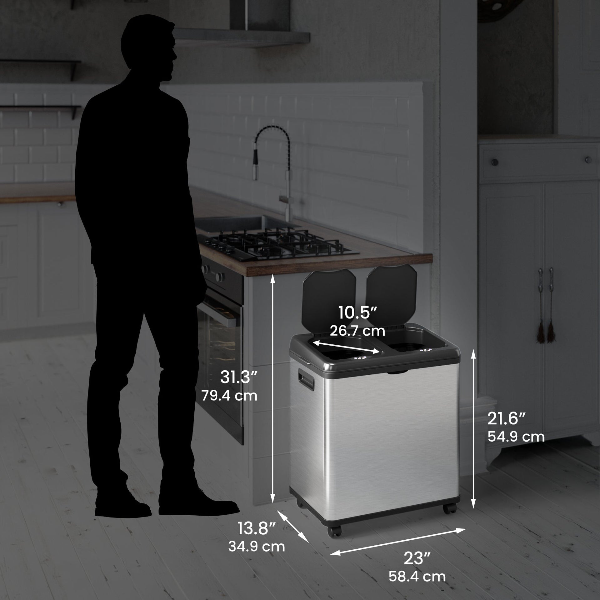 16 Gallon Dual-Compartment Self-Contained Electric-Motor Sensor Recycle Bin & Kitchen (Black Lid)