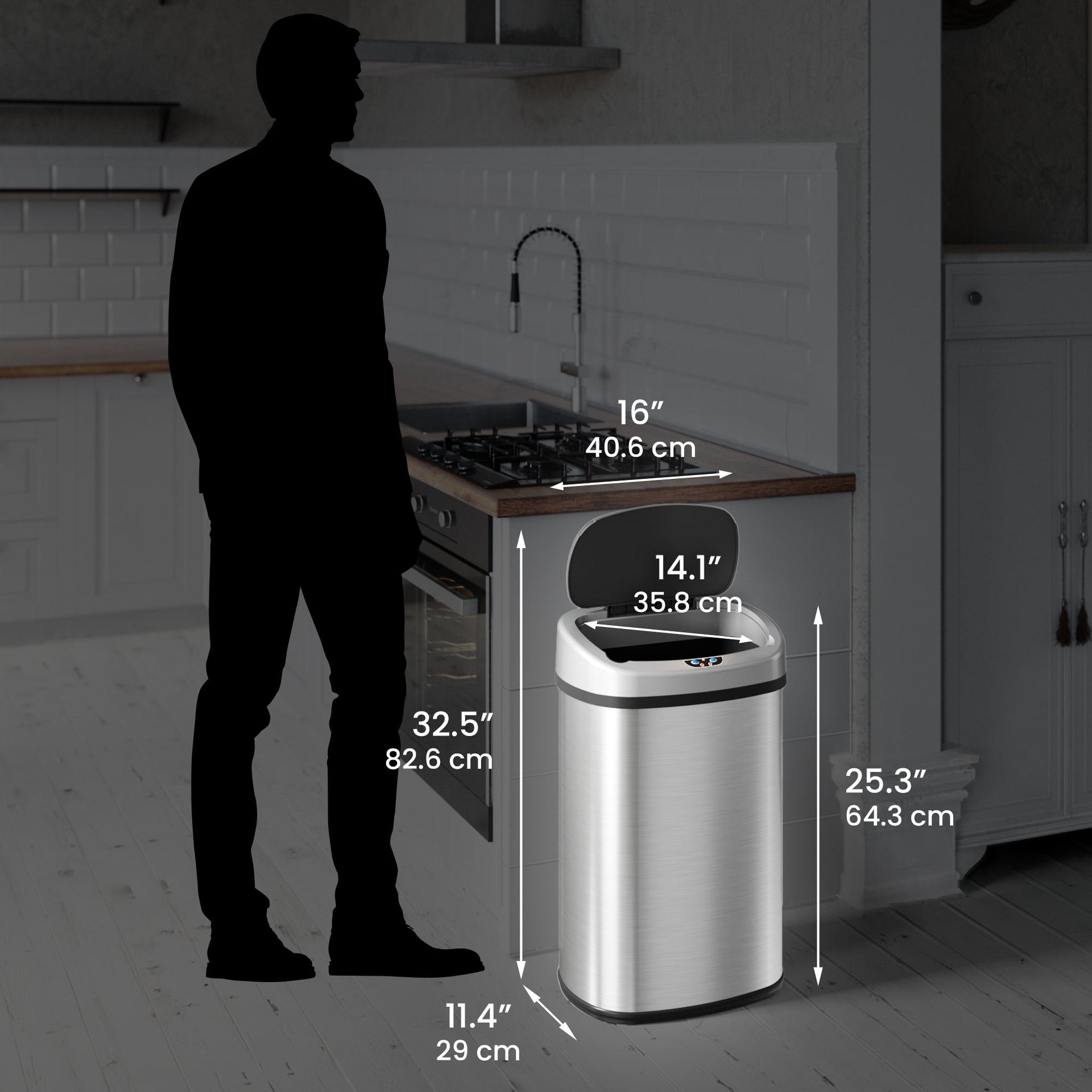 13 Gallon Self-Contained Electric-Motor Sensor Kitchen Trash Can with AbsorbX – Oval Touchless Trash Bin