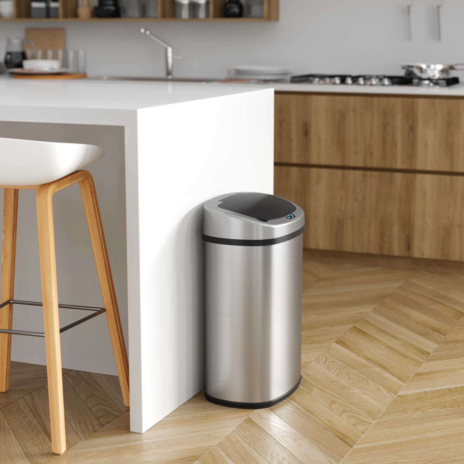 13 Gallon Self-Contained Electric-Motor Sensor Kitchen Trash Can with AbsorbX – Oval Touchless Trash Bin