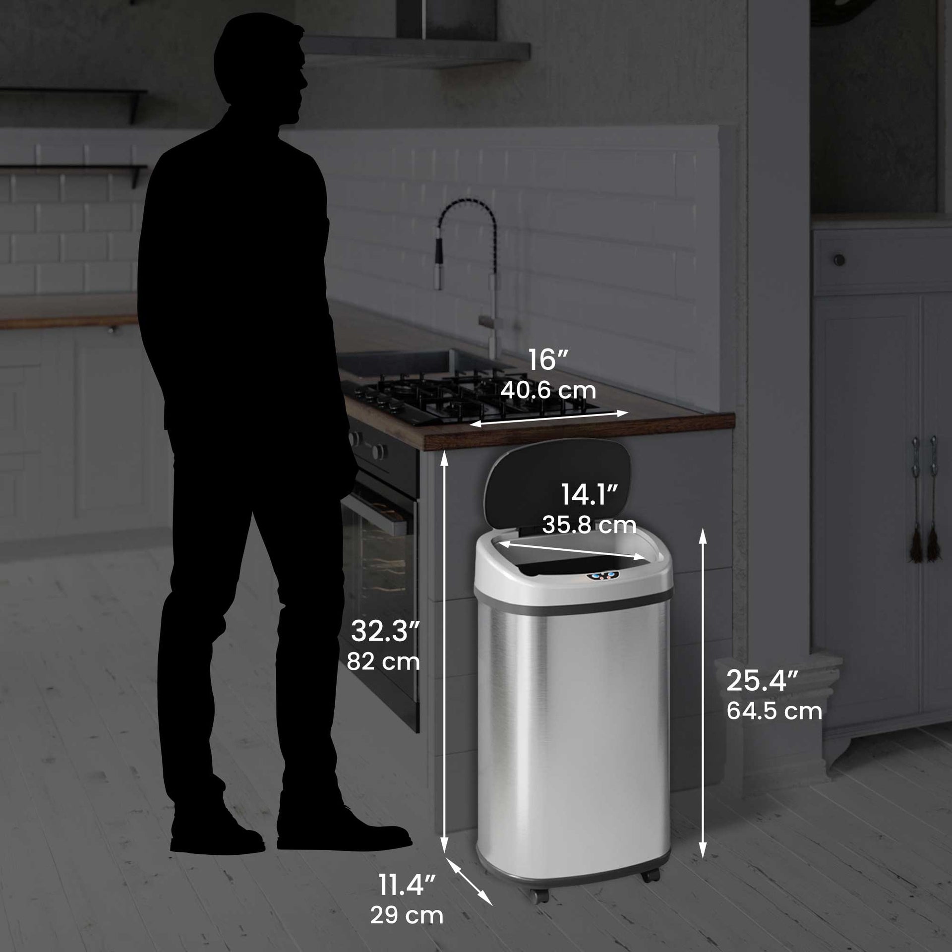 13 Gallon Oval Rolling Self-Contained Electric-Motor Sensor Kitchen Trash Can with Wheels and AbsorbX