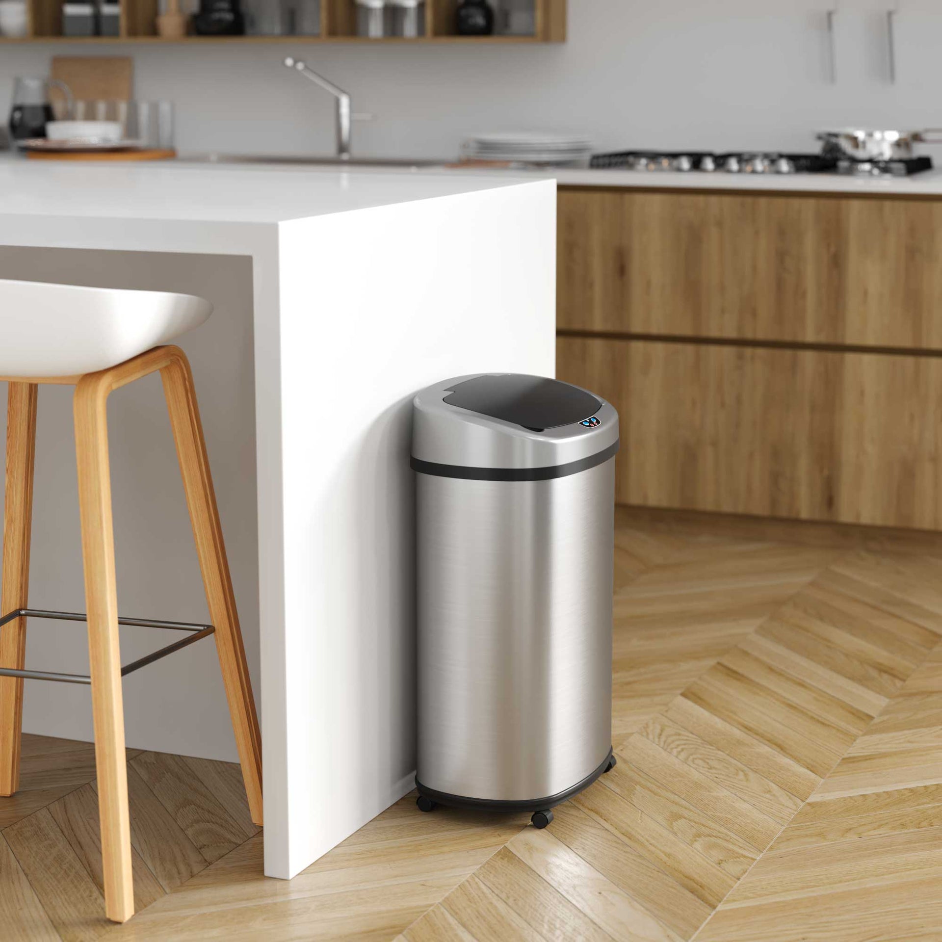 13 Gallon Oval Rolling Self-Contained Electric-Motor Sensor Kitchen Trash Can with Wheels and AbsorbX
