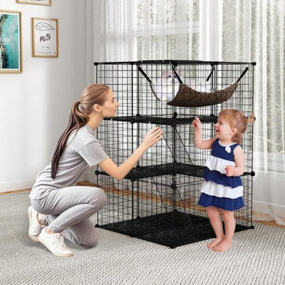 Indoor Cat Cage 3-Tier Cat Enclosure Detachable Metal Wire Kennel-Black