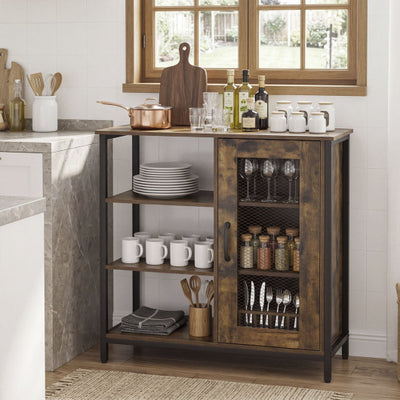 Industrial Side Cabinet with Metal Mesh Door and 3 Open Shelves-Rustic Brown