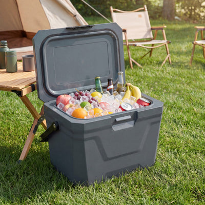 Insulated Portable Cooler Hard Shell Ice Chest with 2 Cup Holders-Gray