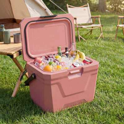 Insulated Portable Cooler Hard Shell Ice Chest with 2 Cup Holders-Pink