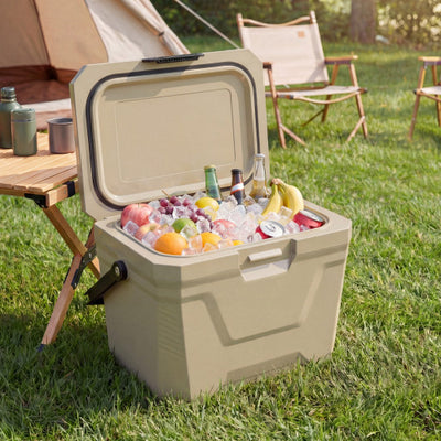 Insulated Portable Cooler Hard Shell Ice Chest with 2 Cup Holders-Sand Color