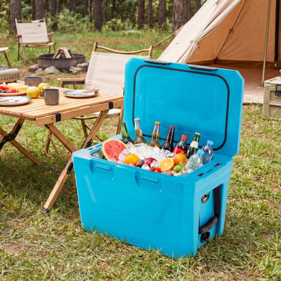 Insulated Portable Cooler Hard Shell Ice Chest with 2 Cup Holders Bottle Opener and Drain Plug-Blue