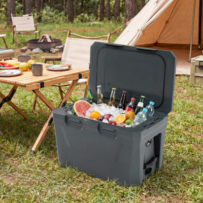 Insulated Portable Cooler Hard Shell Ice Chest with 2 Cup Holders Bottle Opener and Drain Plug-Gray