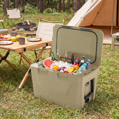 Insulated Portable Cooler Hard Shell Ice Chest with 2 Cup Holders Bottle Opener and Drain Plug-Sand Color