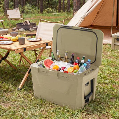 Insulated Portable Cooler Hard Shell Ice Chest with 2 Cup Holders Bottle Opener and Drain Plug-Sand Color