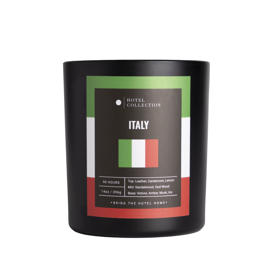 Candle with 'Italy' label featuring Italian flag design on a white background