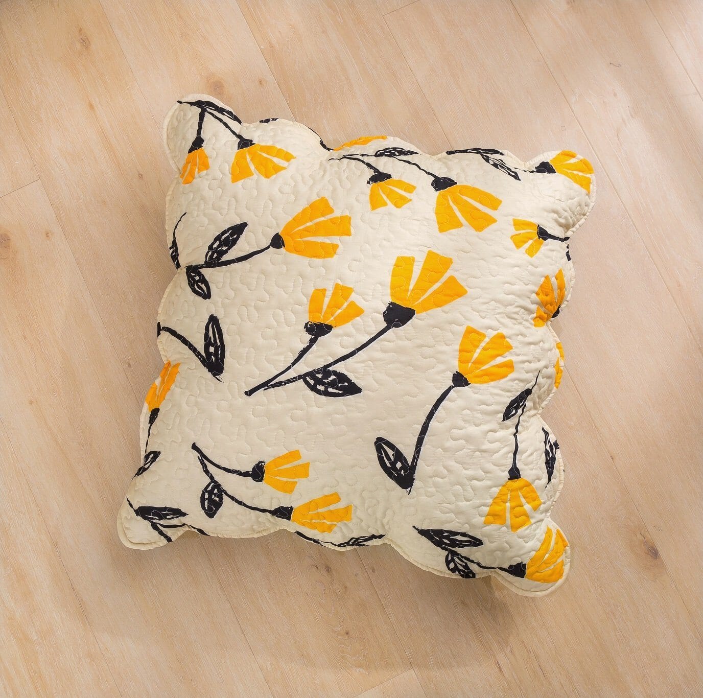DaDa Bedding Yellow Fleur Floral Golden Orange Ivory Cream Scalloped Euro Pillow Sham Cover, 26