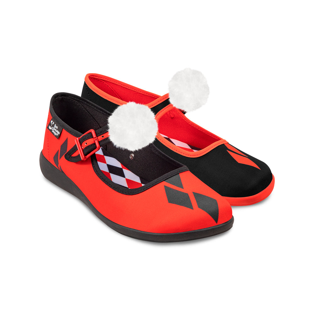 Red and black shoes with white pom-poms on a white background